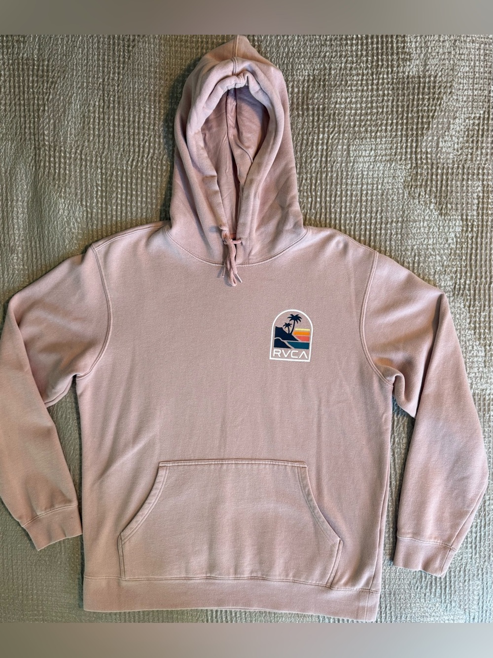 RVCA Vista Pullover Fleece Hoodie Pink Sunset Palm Tree Graphic Mens Large